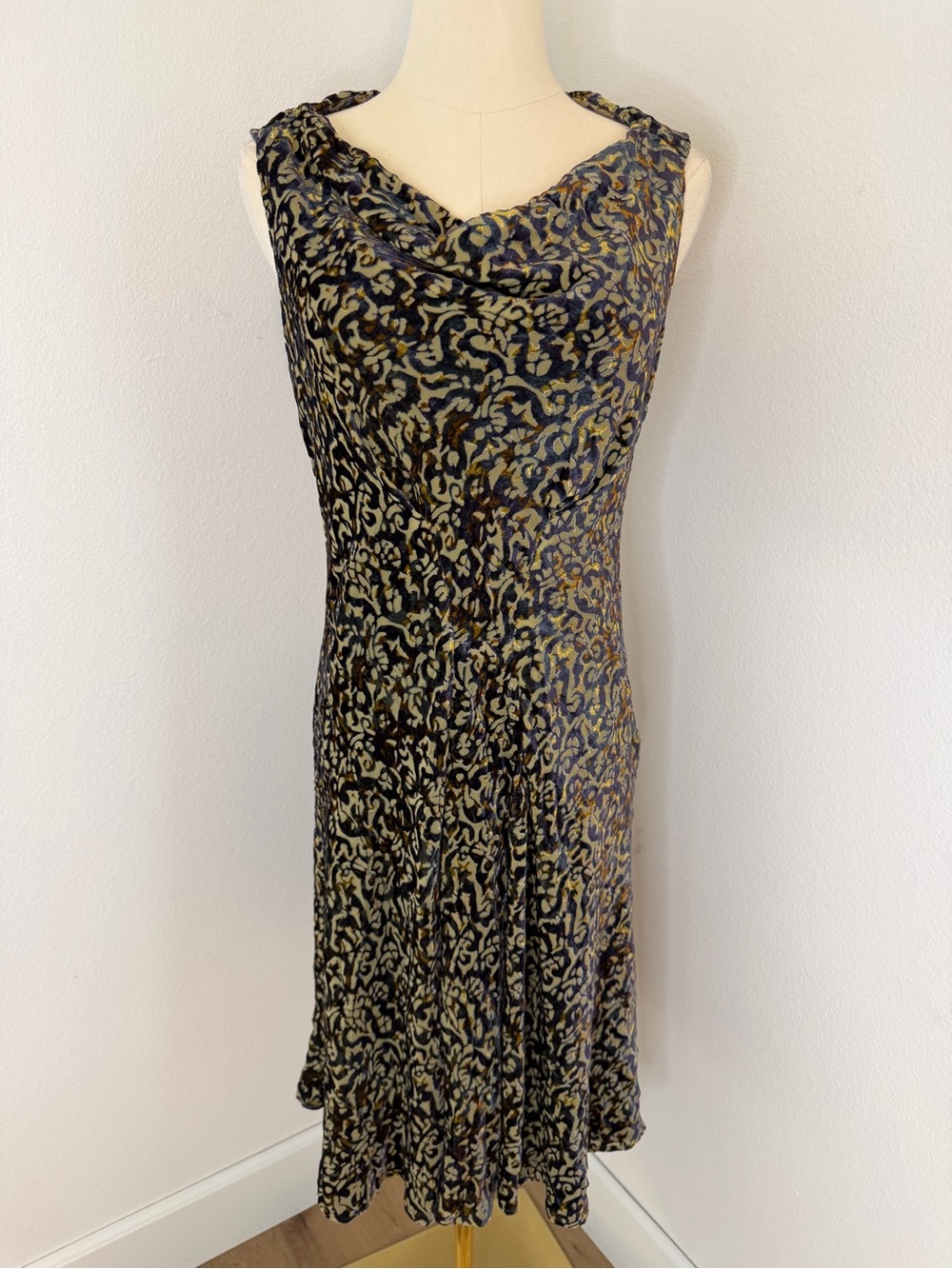 Peruvian Connection Velvet Blue & Gold Cowl-Neck Midi Dress Size 8 - Picture 2 of 8